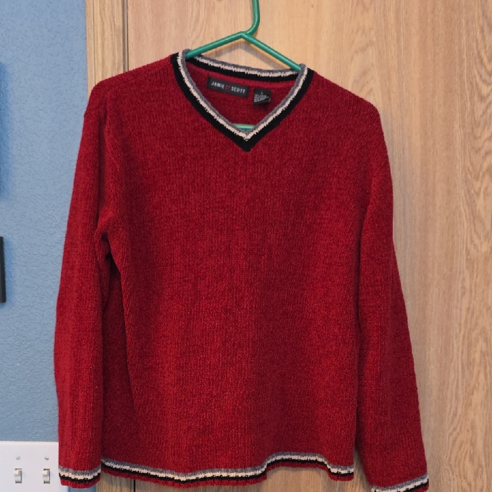 Jamie Scott Women's Red V-Neck Sweater with Trim